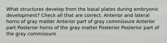 What structures develop from the basal plates during embryonic development? Check all that are correct. Anterior and lateral horns of gray matter Anterior part of gray commissure Anterior part Posterior horns of the gray matter Posterior Posterior part of the gray commissure