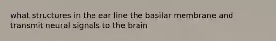 what structures in the ear line the basilar membrane and transmit neural signals to <a href='https://www.questionai.com/knowledge/kLMtJeqKp6-the-brain' class='anchor-knowledge'>the brain</a>