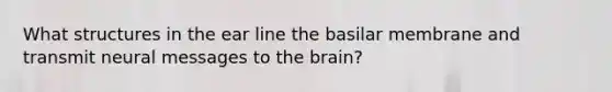 What structures in the ear line the basilar membrane and transmit neural messages to <a href='https://www.questionai.com/knowledge/kLMtJeqKp6-the-brain' class='anchor-knowledge'>the brain</a>?