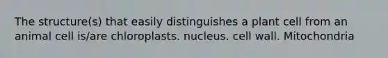 The structure(s) that easily distinguishes a plant cell from an animal cell is/are chloroplasts. nucleus. cell wall. Mitochondria