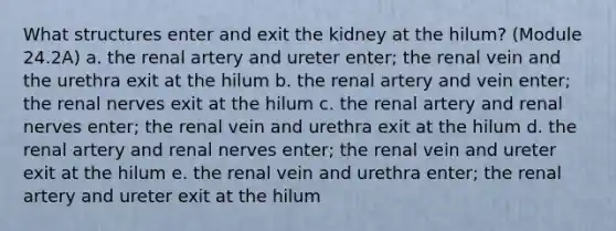 What structures enter and exit the kidney at the hilum? (Module 24.2A) a. the renal artery and ureter enter; the renal vein and the urethra exit at the hilum b. the renal artery and vein enter; the renal nerves exit at the hilum c. the renal artery and renal nerves enter; the renal vein and urethra exit at the hilum d. the renal artery and renal nerves enter; the renal vein and ureter exit at the hilum e. the renal vein and urethra enter; the renal artery and ureter exit at the hilum