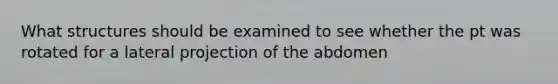 What structures should be examined to see whether the pt was rotated for a lateral projection of the abdomen