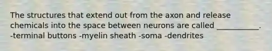 The structures that extend out from the axon and release chemicals into the space between neurons are called ___________. -terminal buttons -myelin sheath -soma -dendrites