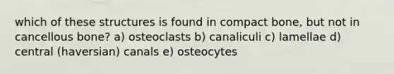 which of these structures is found in compact bone, but not in cancellous bone? a) osteoclasts b) canaliculi c) lamellae d) central (haversian) canals e) osteocytes