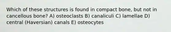 Which of these structures is found in compact bone, but not in cancellous bone? A) osteoclasts B) canaliculi C) lamellae D) central (Haversian) canals E) osteocytes