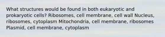 What structures would be found in both eukaryotic and prokaryotic cells? Ribosomes, cell membrane, cell wall Nucleus, ribosomes, cytoplasm Mitochondria, cell membrane, ribosomes Plasmid, cell membrane, cytoplasm