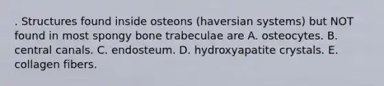 . Structures found inside osteons (haversian systems) but NOT found in most spongy bone trabeculae are A. osteocytes. B. central canals. C. endosteum. D. hydroxyapatite crystals. E. collagen fibers.