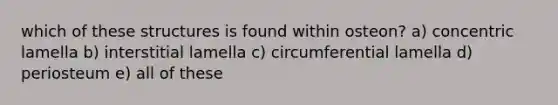 which of these structures is found within osteon? a) concentric lamella b) interstitial lamella c) circumferential lamella d) periosteum e) all of these