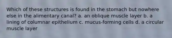 Which of these structures is found in the stomach but nowhere else in the alimentary canal? a. an oblique muscle layer b. a lining of columnar epithelium c. mucus-forming cells d. a circular muscle layer