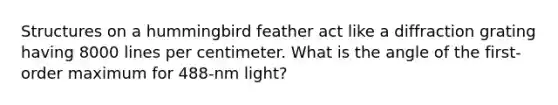 Structures on a hummingbird feather act like a diffraction grating having 8000 lines per centimeter. What is the angle of the first-order maximum for 488-nm light?