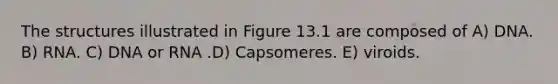 The structures illustrated in Figure 13.1 are composed of A) DNA. B) RNA. C) DNA or RNA .D) Capsomeres. E) viroids.