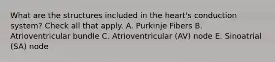 What are the structures included in the heart's conduction system? Check all that apply. A. Purkinje Fibers B. Atrioventricular bundle C. Atrioventricular (AV) node E. Sinoatrial (SA) node