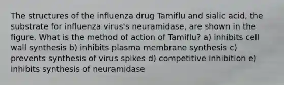 The structures of the influenza drug Tamiflu and sialic acid, the substrate for influenza virus's neuramidase, are shown in the figure. What is the method of action of Tamiflu? a) inhibits cell wall synthesis b) inhibits plasma membrane synthesis c) prevents synthesis of virus spikes d) competitive inhibition e) inhibits synthesis of neuramidase