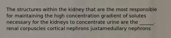 The structures within the kidney that are the most responsible for maintaining the high concentration gradient of solutes necessary for the kidneys to concentrate urine are the ______. renal corpuscles cortical nephrons juxtamedullary nephrons