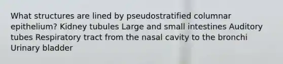 What structures are lined by pseudostratified columnar epithelium? Kidney tubules Large and small intestines Auditory tubes Respiratory tract from the nasal cavity to the bronchi Urinary bladder