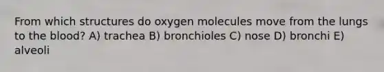 From which structures do oxygen molecules move from the lungs to the blood? A) trachea B) bronchioles C) nose D) bronchi E) alveoli