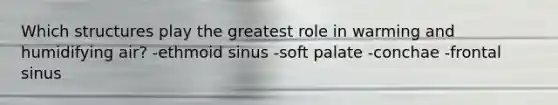 Which structures play the greatest role in warming and humidifying air? -ethmoid sinus -soft palate -conchae -frontal sinus