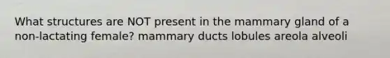 What structures are NOT present in the mammary gland of a non-lactating female? mammary ducts lobules areola alveoli