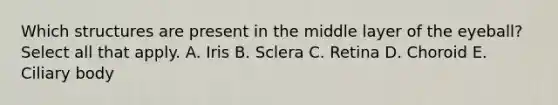 Which structures are present in the middle layer of the eyeball? Select all that apply. A. Iris B. Sclera C. Retina D. Choroid E. Ciliary body