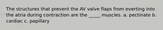 The structures that prevent the AV valve flaps from everting into the atria during contraction are the _____ muscles. a. pectinate b. cardiac c. papillary