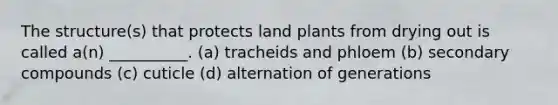 The structure(s) that protects land plants from drying out is called a(n) __________. (a) tracheids and phloem (b) secondary compounds (c) cuticle (d) alternation of generations