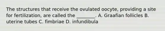 The structures that receive the ovulated oocyte, providing a site for fertilization, are called the ________. A. Graafian follicles B. uterine tubes C. fimbriae D. infundibula