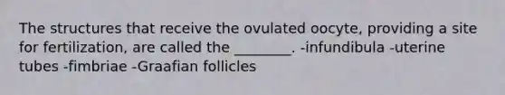 The structures that receive the ovulated oocyte, providing a site for fertilization, are called the ________. -infundibula -uterine tubes -fimbriae -Graafian follicles