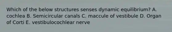 Which of the below structures senses dynamic equilibrium? A. cochlea B. Semicircular canals C. maccule of vestibule D. Organ of Corti E. vestibulocochlear nerve