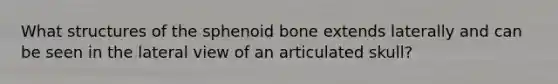 What structures of the sphenoid bone extends laterally and can be seen in the lateral view of an articulated skull?