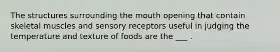 The structures surrounding the mouth opening that contain skeletal muscles and sensory receptors useful in judging the temperature and texture of foods are the ___ .