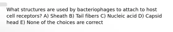 What structures are used by bacteriophages to attach to host cell receptors? A) Sheath B) Tail fibers C) Nucleic acid D) Capsid head E) None of the choices are correct