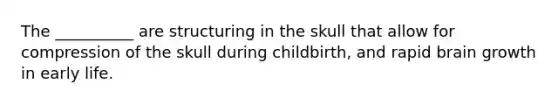 The __________ are structuring in the skull that allow for compression of the skull during childbirth, and rapid brain growth in early life.