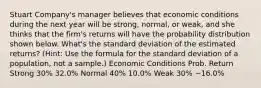 Stuart Company's manager believes that economic conditions during the next year will be strong, normal, or weak, and she thinks that the firm's returns will have the probability distribution shown below. What's the standard deviation of the estimated returns? (Hint: Use the formula for the standard deviation of a population, not a sample.) Economic Conditions Prob. Return Strong 30% 32.0% Normal 40% 10.0% Weak 30% −16.0%