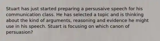 Stuart has just started preparing a persusaive speech for his communication class. He has selected a topic and is thinking about the kind of arguments, reasoning and evidence he might use in his speech. Stuart is focusing on which canon of persuasion?