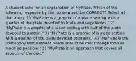 A student asks for an explanation of MyPlate. Which of the following response by the nurse would be CORRECT? Select all that apply. 1) "MyPlate is a graphic of a place setting with a quarter of the plate devoted to fruits and vegetables." 2) "MyPlate is a graphic of a place setting with half of the plate devoted to protein." 3) "MyPlate is a graphic of a place setting with a quarter of the plate devoted to grains." 4) "MyPlate is the philosophy that nutrient needs should be met through food as much as possible." 5) "MyPlate is an approach that covers all aspects of the diet."