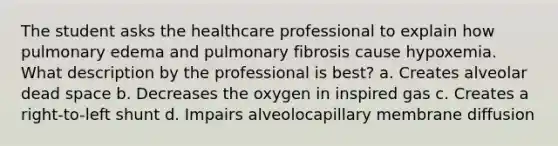 The student asks the healthcare professional to explain how pulmonary edema and pulmonary fibrosis cause hypoxemia. What description by the professional is best? a. Creates alveolar dead space b. Decreases the oxygen in inspired gas c. Creates a right-to-left shunt d. Impairs alveolocapillary membrane diffusion