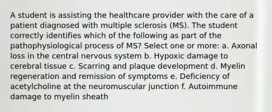 A student is assisting the healthcare provider with the care of a patient diagnosed with multiple sclerosis (MS). The student correctly identifies which of the following as part of the pathophysiological process of MS? Select one or more: a. Axonal loss in the central nervous system b. Hypoxic damage to cerebral tissue c. Scarring and plaque development d. Myelin regeneration and remission of symptoms e. Deficiency of acetylcholine at the neuromuscular junction f. Autoimmune damage to myelin sheath