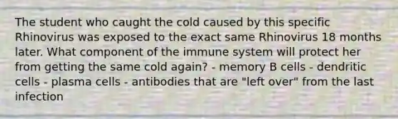 The student who caught the cold caused by this specific Rhinovirus was exposed to the exact same Rhinovirus 18 months later. What component of the immune system will protect her from getting the same cold again? - memory B cells - dendritic cells - plasma cells - antibodies that are "left over" from the last infection