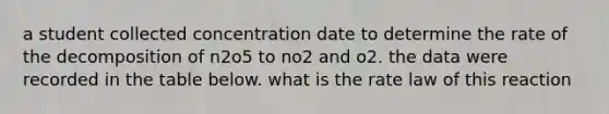 a student collected concentration date to determine the rate of the decomposition of n2o5 to no2 and o2. the data were recorded in the table below. what is the rate law of this reaction