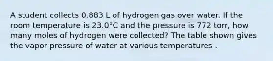 A student collects 0.883 L of hydrogen gas over water. If the room temperature is 23.0°C and the pressure is 772 torr, how many moles of hydrogen were collected? The table shown gives the vapor pressure of water at various temperatures .