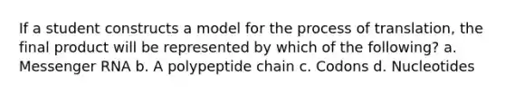 If a student constructs a model for the process of translation, the final product will be represented by which of the following? a. Messenger RNA b. A polypeptide chain c. Codons d. Nucleotides