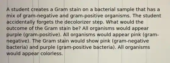 A student creates a Gram stain on a bacterial sample that has a mix of gram-negative and gram-positive organisms. The student accidentally forgets the decolorizer step. What would the outcome of the Gram stain be? All organisms would appear purple (gram-positive). All organisms would appear pink (gram-negative). The Gram stain would show pink (gram-negative bacteria) and purple (gram-positive bacteria). All organisms would appear colorless.