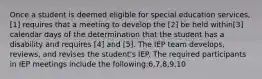 Once a student is deemed eligible for special education services,[1] requires that a meeting to develop the [2] be held within[3] calendar days of the determination that the student has a disability and requires [4] and [5]. The IEP team develops, reviews, and revises the student's IEP. The required participants in IEP meetings include the following:6,7,8,9,10