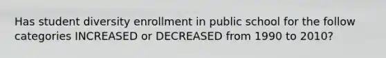 Has student diversity enrollment in public school for the follow categories INCREASED or DECREASED from 1990 to 2010?