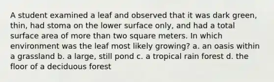 A student examined a leaf and observed that it was dark green, thin, had stoma on the lower surface only, and had a total <a href='https://www.questionai.com/knowledge/kEtsSAPENL-surface-area' class='anchor-knowledge'>surface area</a> of <a href='https://www.questionai.com/knowledge/keWHlEPx42-more-than' class='anchor-knowledge'>more than</a> two square meters. In which environment was the leaf most likely growing? a. an oasis within a grassland b. a large, still pond c. a tropical rain forest d. the floor of a deciduous forest