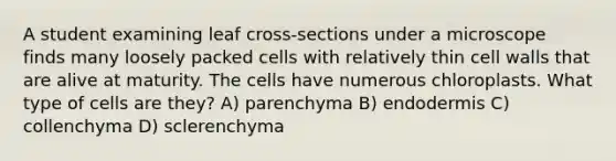 A student examining leaf cross-sections under a microscope finds many loosely packed cells with relatively thin cell walls that are alive at maturity. The cells have numerous chloroplasts. What type of cells are they? A) parenchyma B) endodermis C) collenchyma D) sclerenchyma