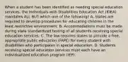 When a student has been identified as needing special education​ services, the Individuals with Disabilities Education Act​ (IDEA) mandates ALL BUT which one of the​ following? A. States are required to develop procedures for educating children in the least restrictive environment. B. Accommodations must be made during state standardized testing of all students receiving special education services. C. The law requires states to provide a​ free, appropriate public education​ (FAPE) for every student with disabilities who participates in special education. D. Students receiving special education services must each have an individualized education program​ (IEP).