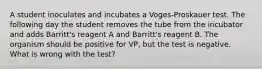 A student inoculates and incubates a Voges-Proskauer test. The following day the student removes the tube from the incubator and adds Barritt's reagent A and Barritt's reagent B. The organism should be positive for VP, but the test is negative. What is wrong with the test?