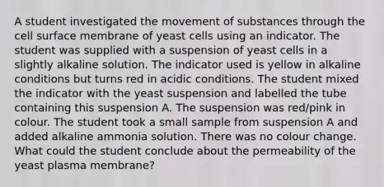 A student investigated the movement of substances through the cell surface membrane of yeast cells using an indicator. The student was supplied with a suspension of yeast cells in a slightly alkaline solution. The indicator used is yellow in alkaline conditions but turns red in acidic conditions. The student mixed the indicator with the yeast suspension and labelled the tube containing this suspension A. The suspension was red/pink in colour. The student took a small sample from suspension A and added alkaline ammonia solution. There was no colour change. What could the student conclude about the permeability of the yeast plasma membrane?