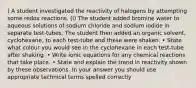 ) A student investigated the reactivity of halogens by attempting some redox reactions. (i) The student added bromine water to aqueous solutions of sodium chloride and sodium iodide in separate test-tubes. The student then added an organic solvent, cyclohexane, to each test-tube and these were shaken. • State what colour you would see in the cyclohexane in each test-tube after shaking. • Write ionic equations for any chemical reactions that take place. • State and explain the trend in reactivity shown by these observations. In your answer you should use appropriate technical terms spelled correctly